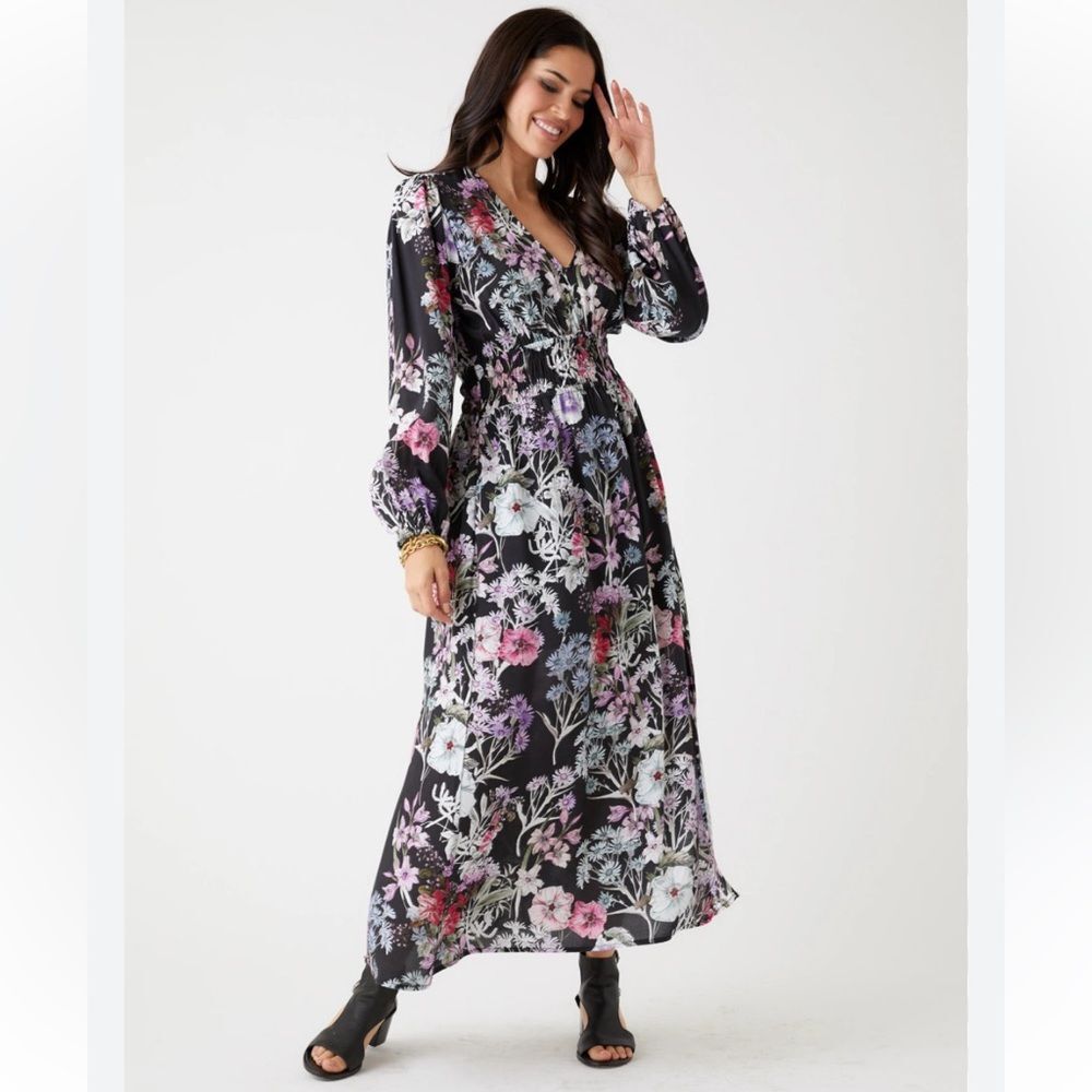 Fifteen Twenty Shirred Waist Floral Midi Long Sleeve Dress M NWOT